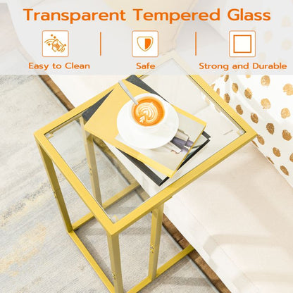 HOOBRO C Shaped End Table, Tempered Glass Side Table, Under Sofa Table, Small Coffee Snack Table for Small Spaces, Laptop End Table for Living Room, Bedside Table, Metal Frame