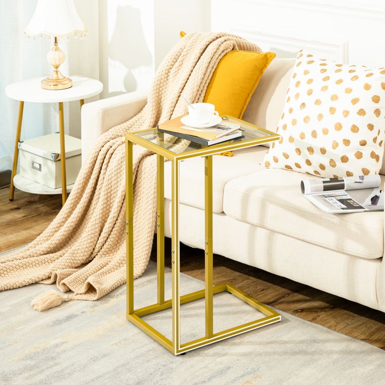 HOOBRO C Shaped End Table, Tempered Glass Side Table, Under Sofa Table, Small Coffee Snack Table for Small Spaces, Laptop End Table for Living Room, Bedside Table, Metal Frame