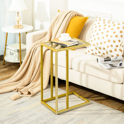 HOOBRO C Shaped End Table, Tempered Glass Side Table, Under Sofa Table, Small Coffee Snack Table for Small Spaces, Laptop End Table for Living Room, Bedside Table, Metal Frame