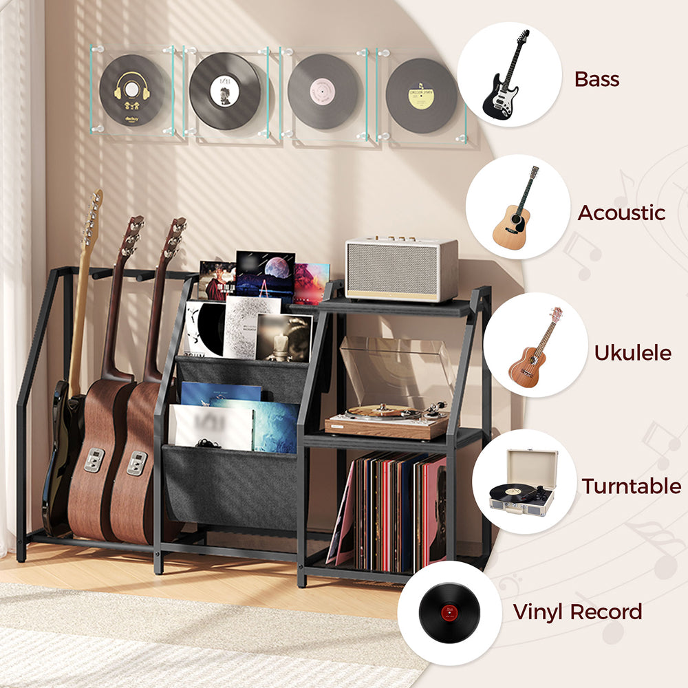 HOOBRO Guitar Stand, Guitar Rack for 3 Acoustic Guitar, Bass, Electric Guitar, Ukulele, Banjo, Turntable, Vinyl Records and Amp Accessories, for Music Studios, Black