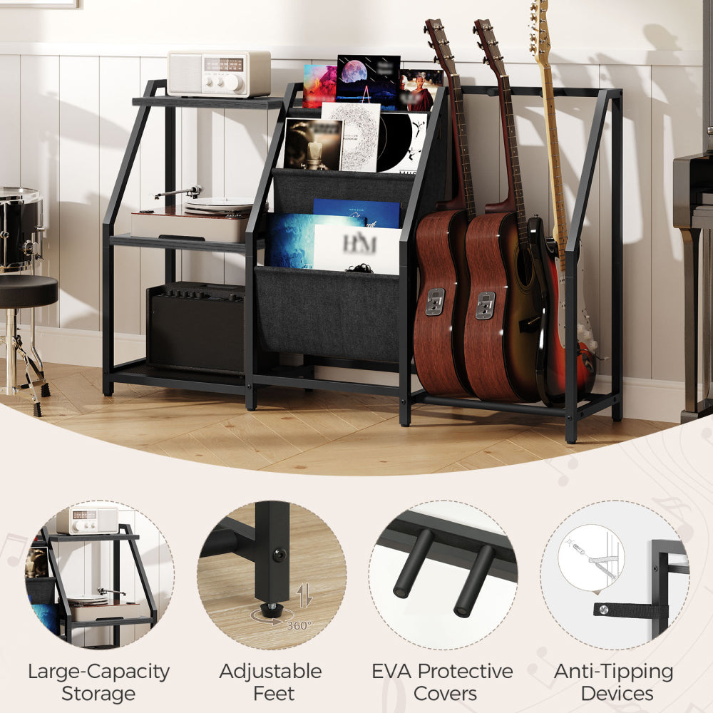 HOOBRO Guitar Stand, Guitar Rack for 3 Acoustic Guitar, Bass, Electric Guitar, Ukulele, Banjo, Turntable, Vinyl Records and Amp Accessories, for Music Studios, Black