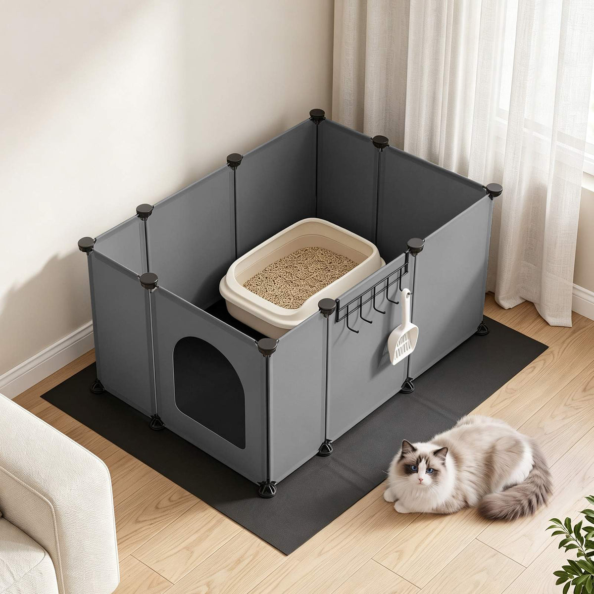 HOOBRO DIY Cat Litter Box Enclosure Playpen with Waterproof Mat and Hooks