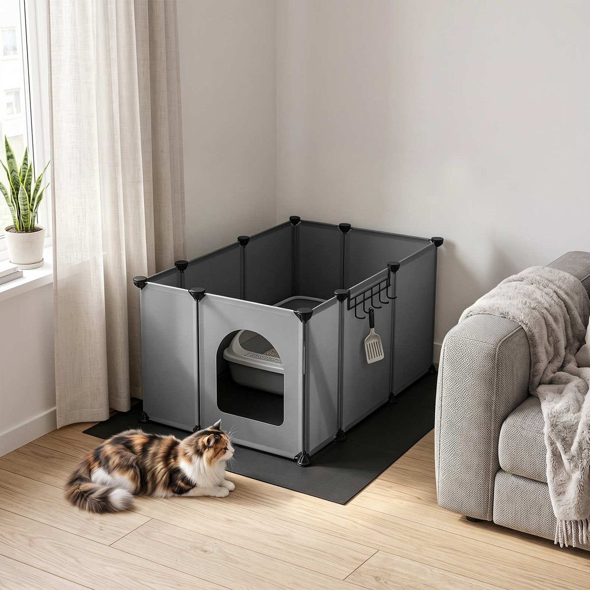 HOOBRO DIY Cat Litter Box Enclosure Playpen with Waterproof Mat and Hooks
