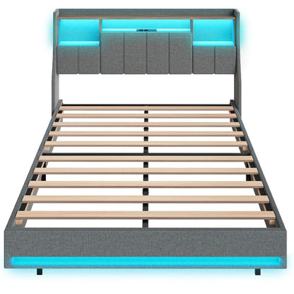 HOOBRO Bed Frame Full/Queen Size, Upholstered Bed Frame with Storage Headboard, LED Bed Frame with Charging Station, Metal Platform Bed and Wooden Slats, No Box Springs Needed