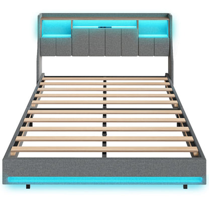HOOBRO Bed Frame Full/Queen Size, Upholstered Bed Frame with Storage Headboard, LED Bed Frame with Charging Station, Metal Platform Bed and Wooden Slats, No Box Springs Needed