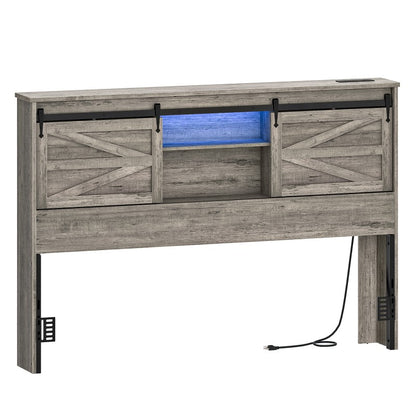 HOOBRO Headboard Queen Size, Bookcase Headboard with Charging Station and LED Lights, Stylish Queen Headboard with Storage Shelves, Headboard for Queen Size Bed, Sliding Barn Doors