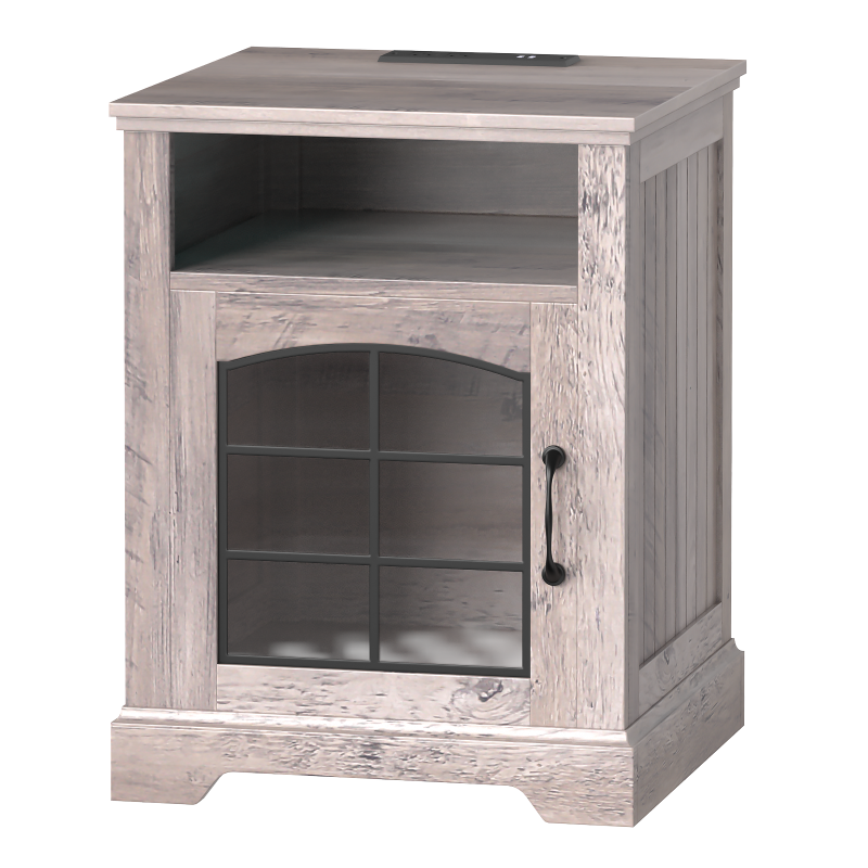 HOOBRO Farmhouse Nightstand with Charging Station, 17.7" Wide Rustic End Tables for Living Room, Wooden Sofa Side Table with Tempered Glass Barn Door and Open Shelf