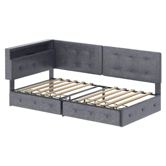 HOOBRO Twin L-Shaped Corner Bed Frame with 2 Storage Drawers, Daybed Upholstered in Linen Fabric with LED Lights and Power Outlet for Bedroom, Space Saving, No Box Spring Needed