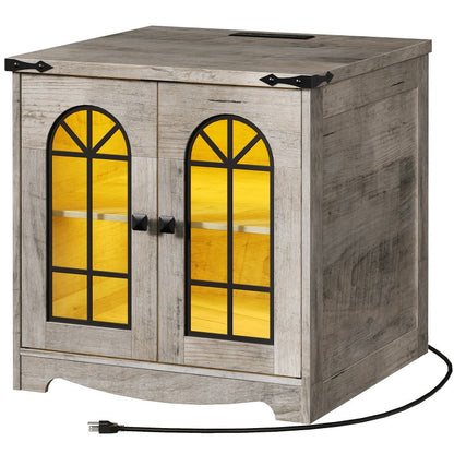 HOOBRO Farmhouse End Table, 23.6" Large Square Side Tables with Charging Station and LED Lights, Large End Table for Living Room, Wooden Nightstand with Glass Barn Door