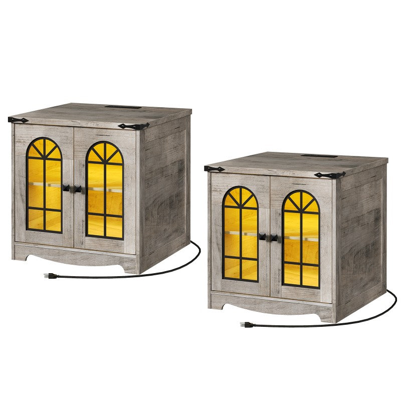 HOOBRO Farmhouse End Table, 23.6" Large Square Side Tables with Charging Station and LED Lights, Large End Table for Living Room, Wooden Nightstand with Glass Barn Door