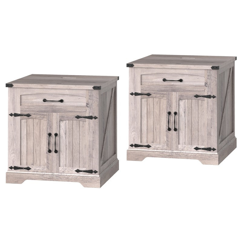 HOOBRO Farmhouse End Tables for Living Room, 23.6" Large End Table with Charging Station, Sofa Side Table with Drawer, Large Square Nightstand, Flip Top