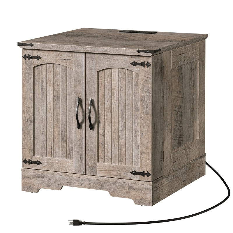 HOOBRO Farmhouse End Table with Charging Station, 23.6" Large End Tables Living Room with Door Storage Racks, Rustic Wooden Nightstand Bedside Table, Square Side Table