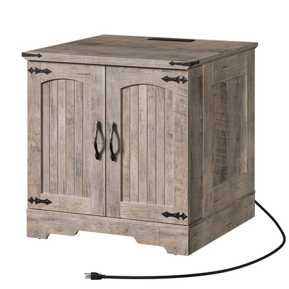 HOOBRO Farmhouse End Table with Charging Station, 23.6" Large End Tables Living Room with Door Storage Racks, Rustic Wooden Nightstand Bedside Table, Square Side Table