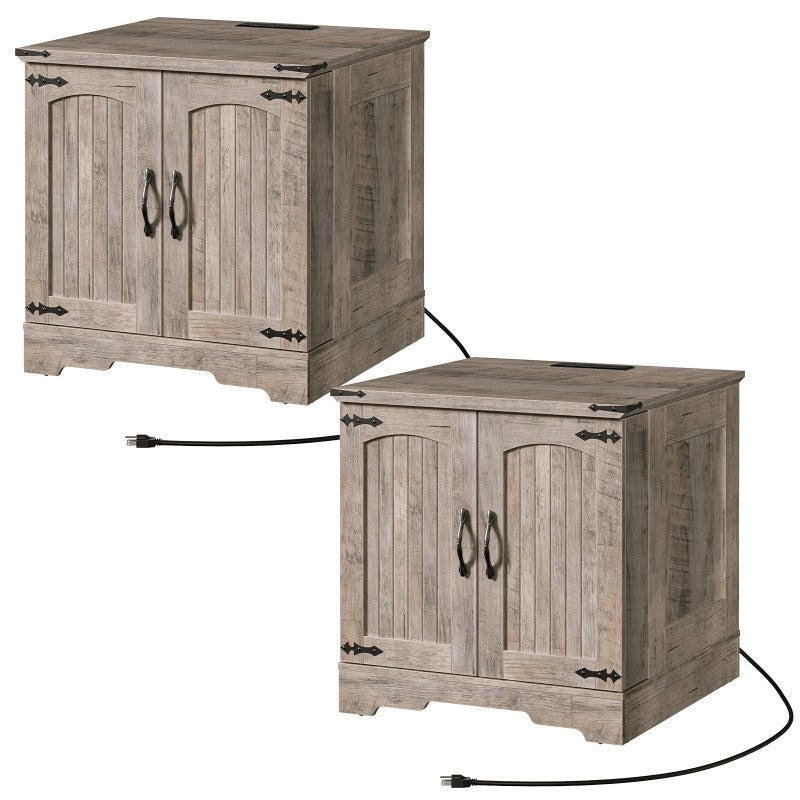 HOOBRO Farmhouse End Table with Charging Station, 23.6" Large End Tables Living Room with Door Storage Racks, Rustic Wooden Nightstand Bedside Table, Square Side Table