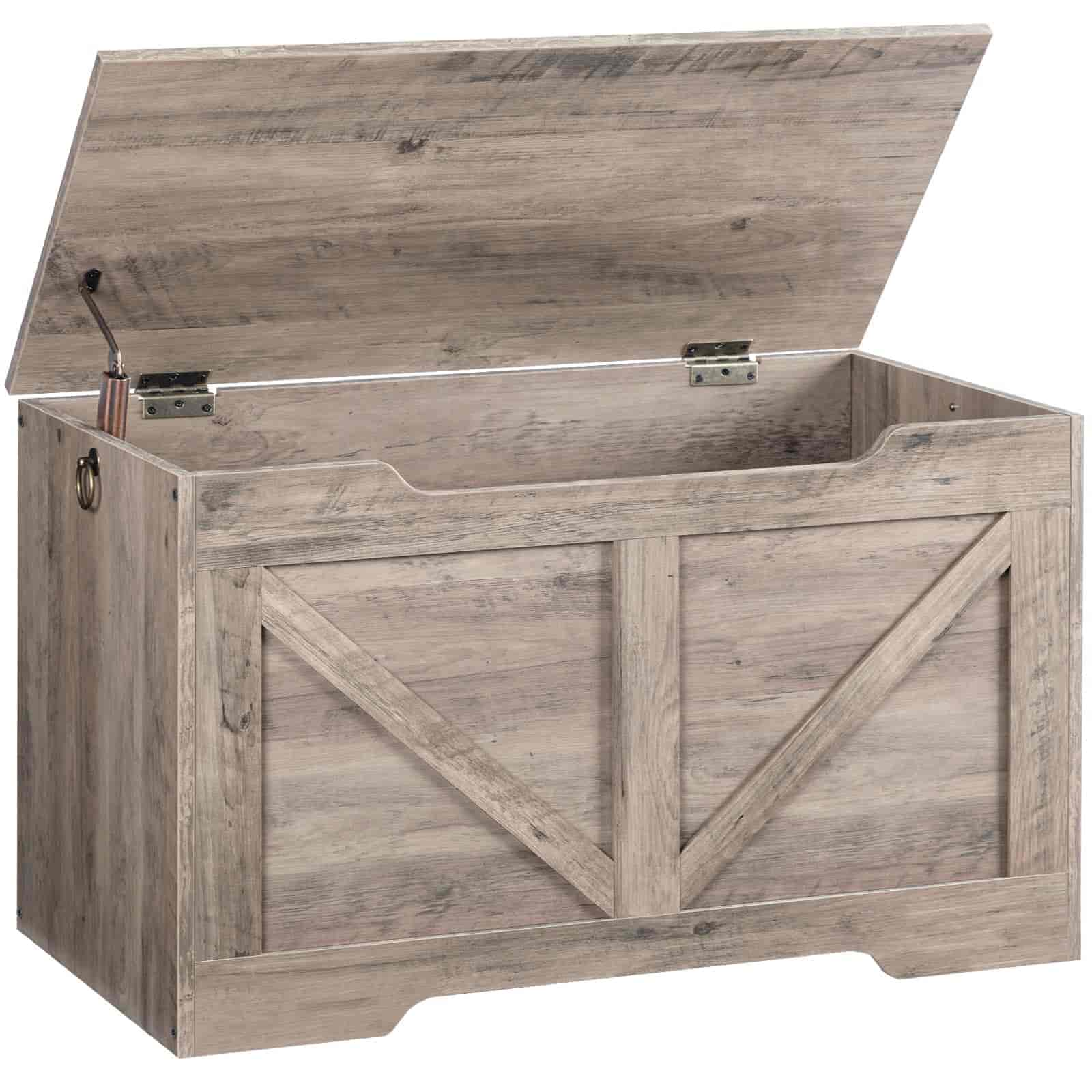 Wooden storage chest with a rustic design on a white background