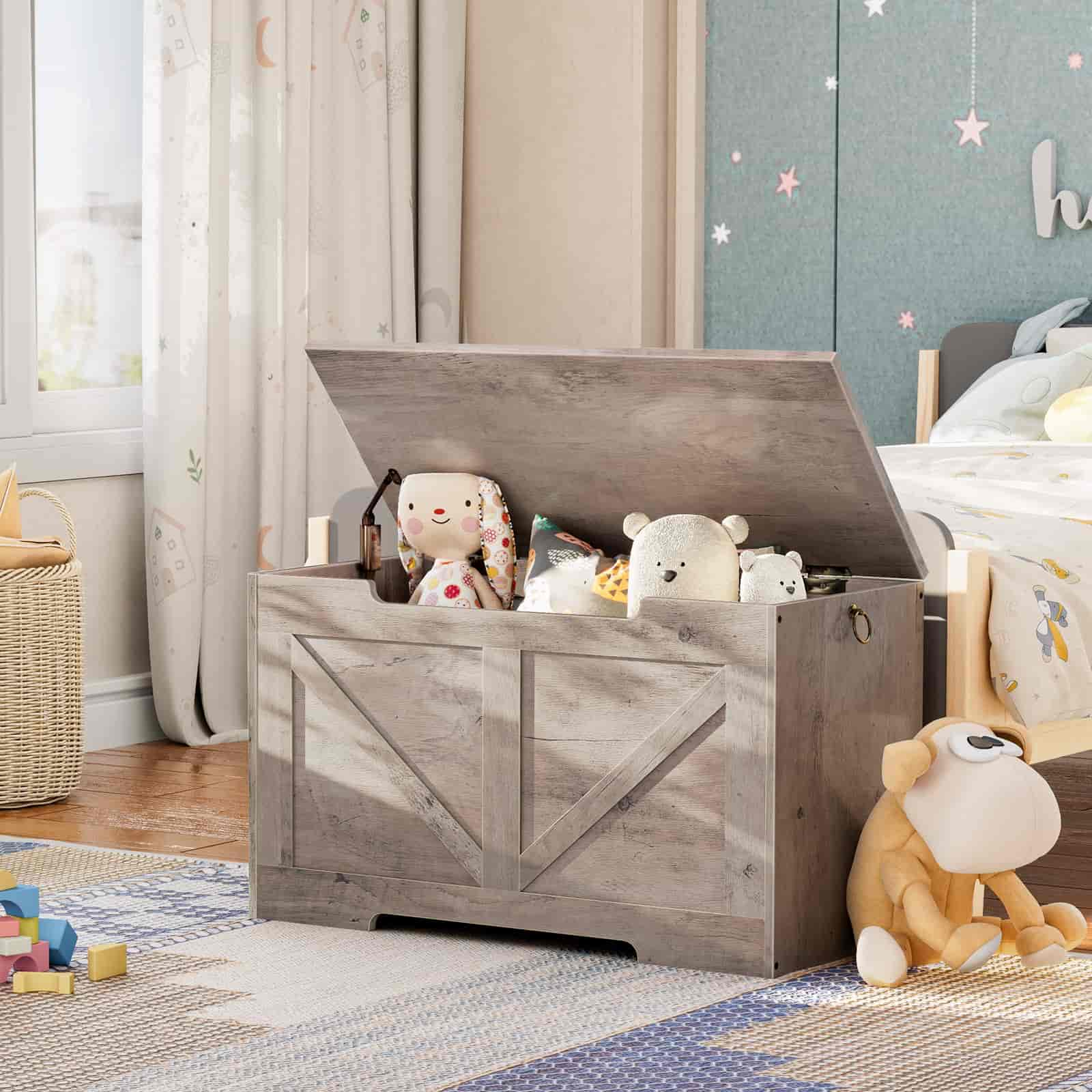 Wooden toy box with stuffed animals in a child's bedroom