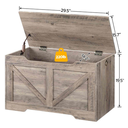 Wooden storage chest with dimensions and weight capacity label on a white background