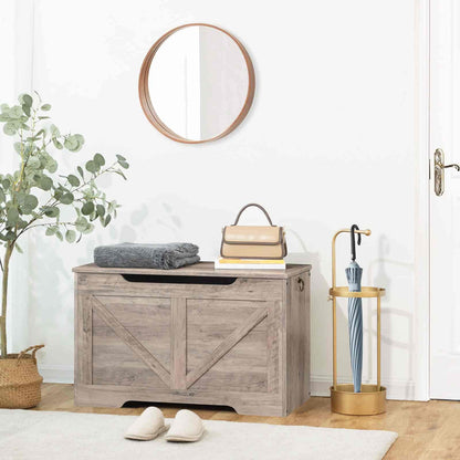 Wooden storage bench with a round mirror above, plant to the left, and umbrella stand on the right.