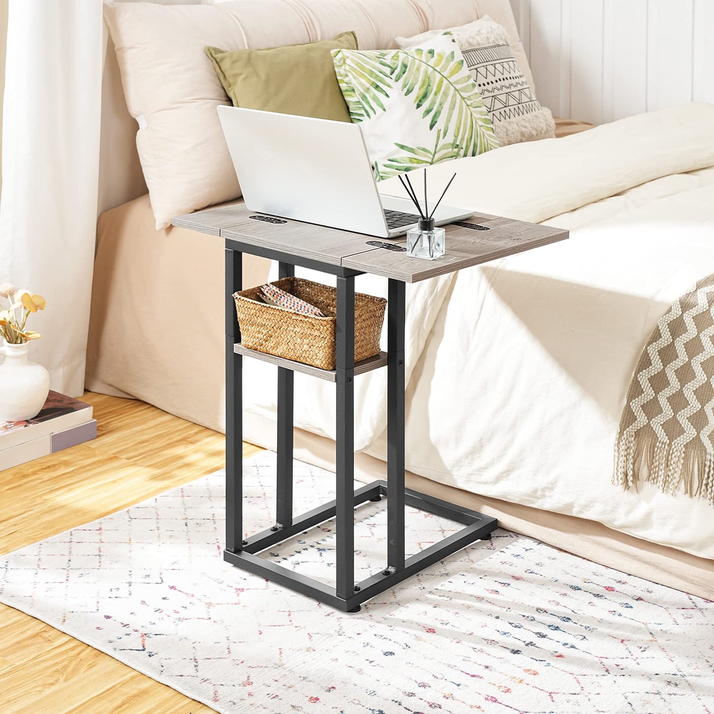 HOOBRO C-Shape Folding End Table with Storage Pocket