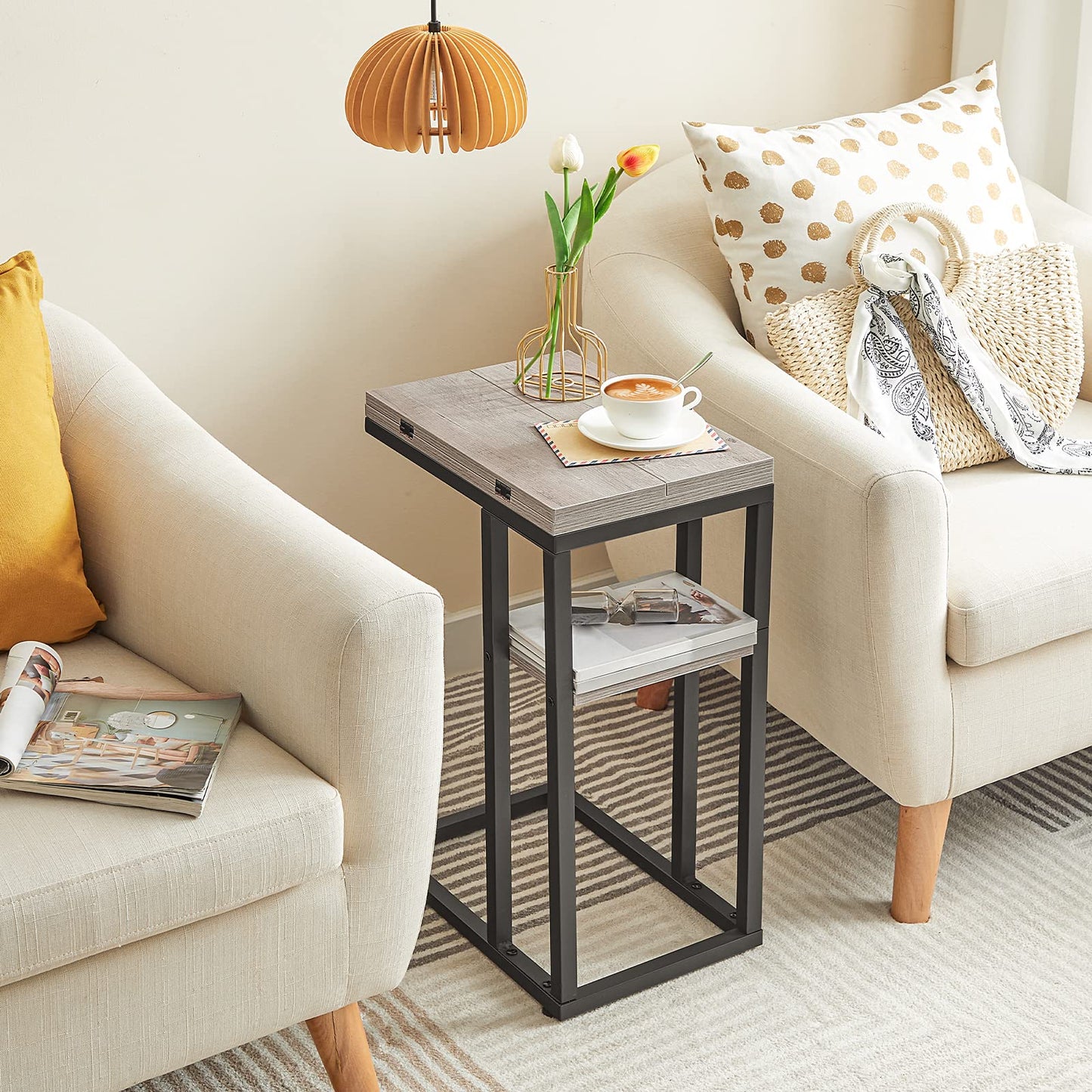 HOOBRO C-Shape Folding End Table with Storage Pocket