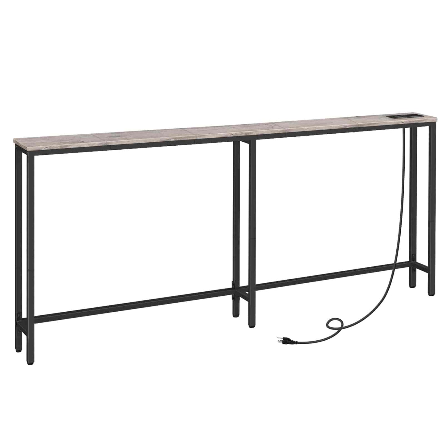 Long narrow table with wooden top and metal legs on a white background