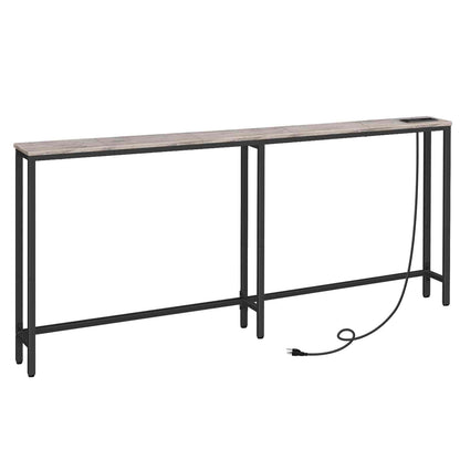 Long narrow table with wooden top and metal legs on a white background