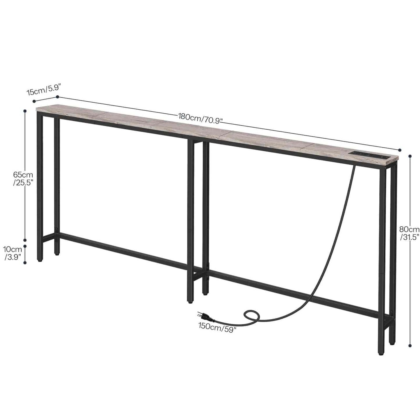 Console table with dimensions labeled on a white background