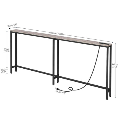 Console table with dimensions labeled on a white background