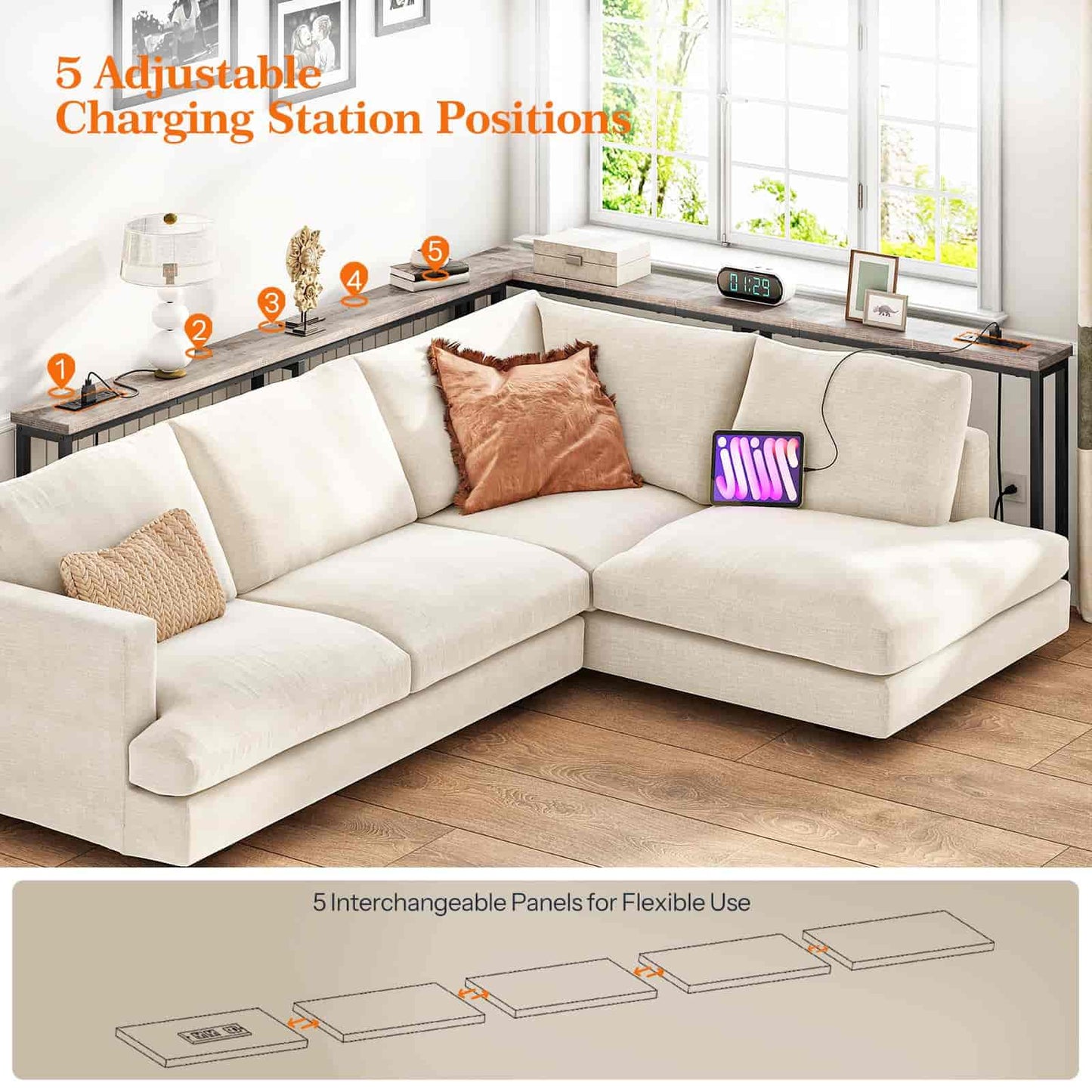 White sectional sofa with interchangeable panels in a living room setting