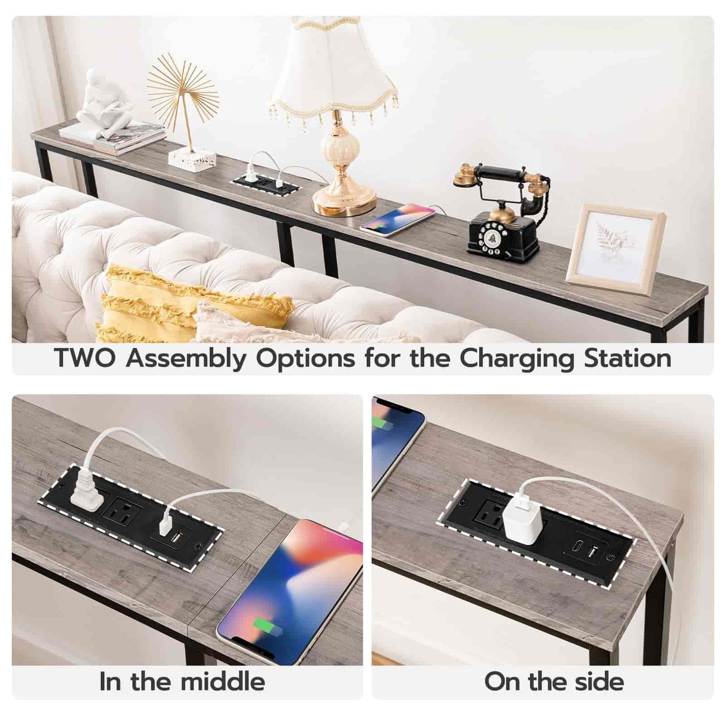 Charging station with two assembly options shown in a living room setting.