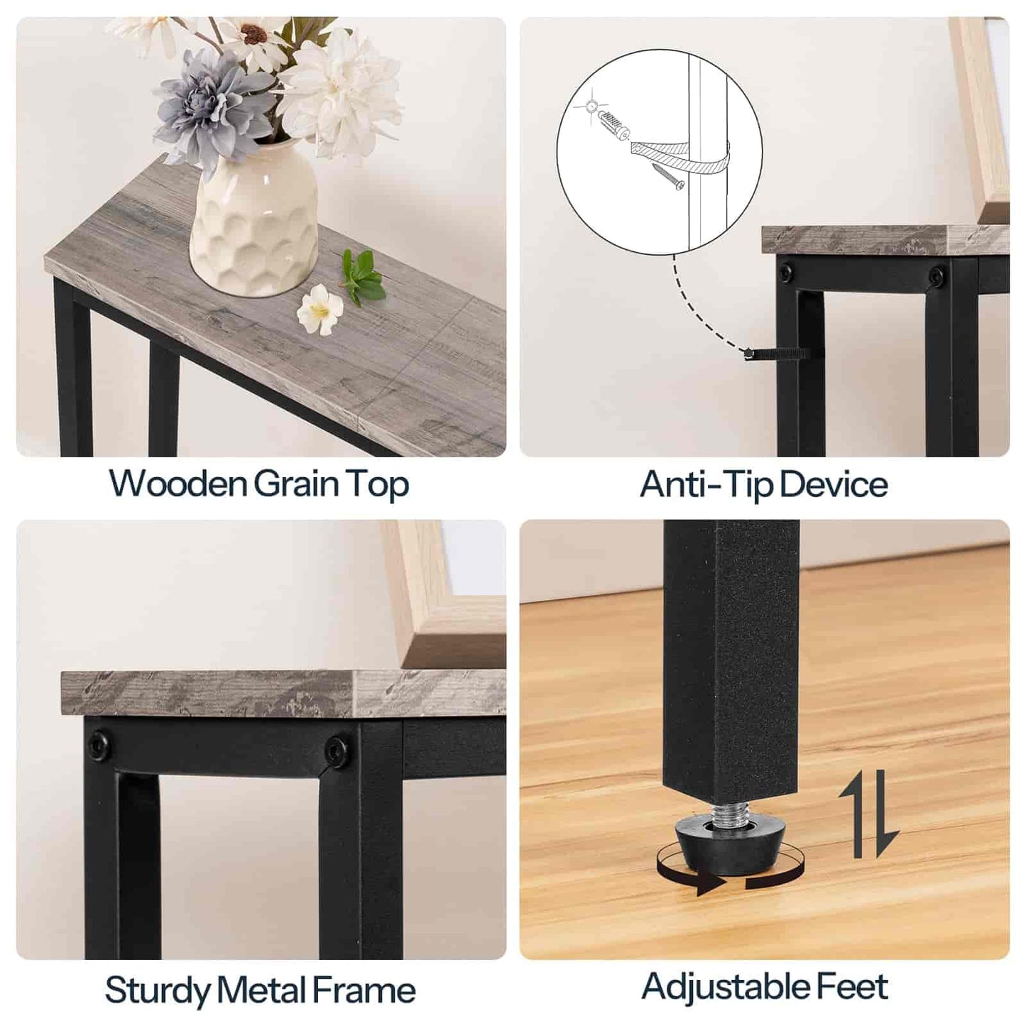 Collage of a table with wooden grain top, anti-tip device, sturdy metal frame, and adjustable feet.