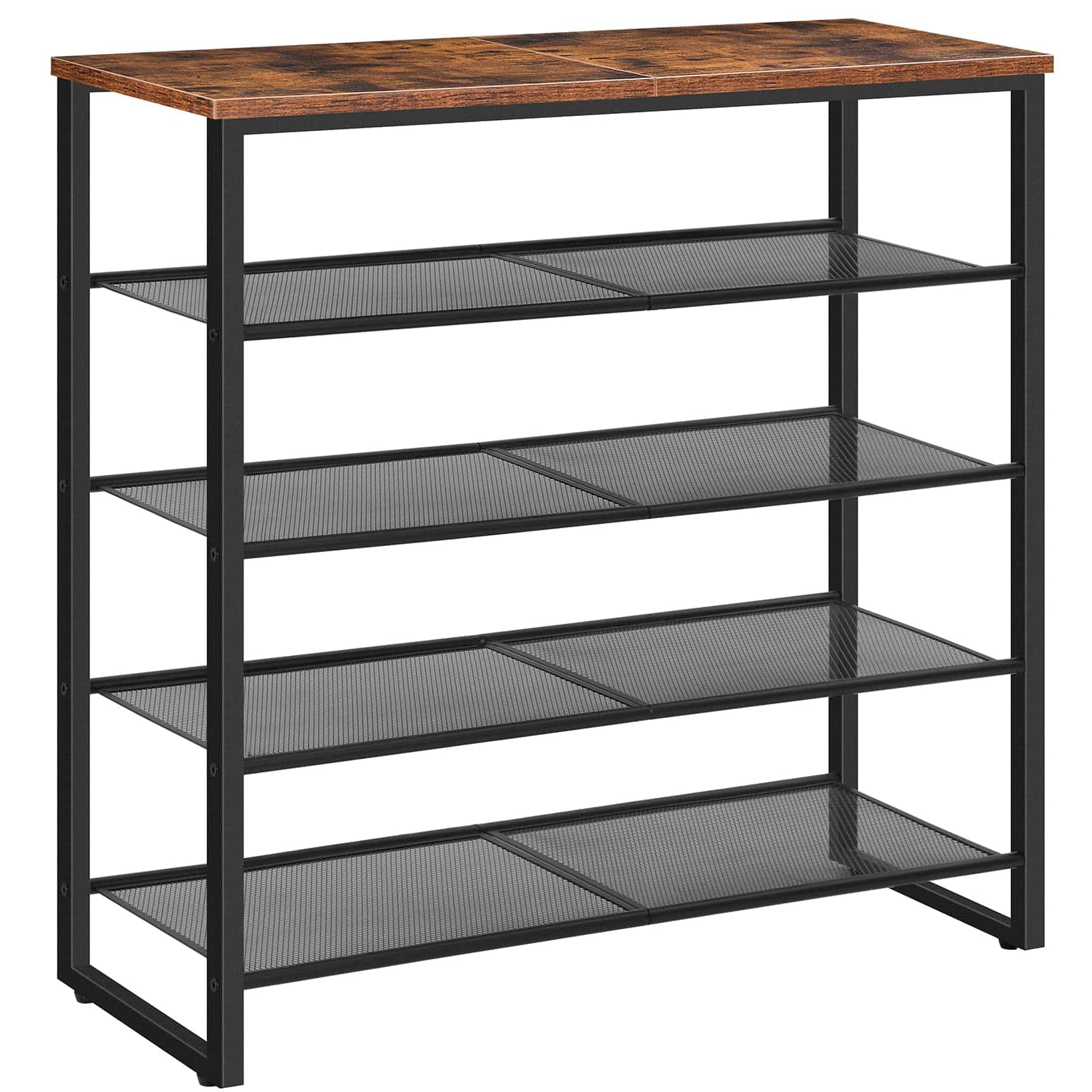 Shelving unit with wooden top and metal mesh shelves on a white background