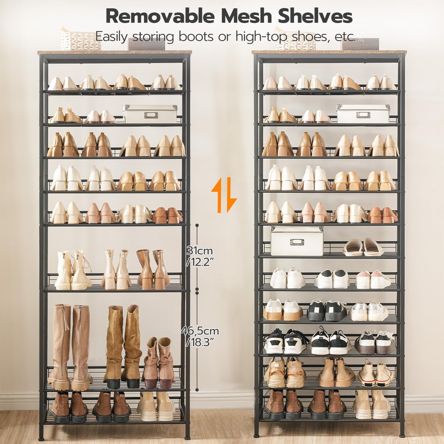 Two shoe racks with removable mesh shelves filled with shoes, showing storage capacity.