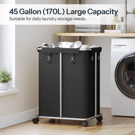 Black laundry cart with clothes inside in a laundry room setting.