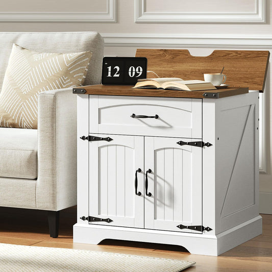 White cabinet with wooden top in a living room setting