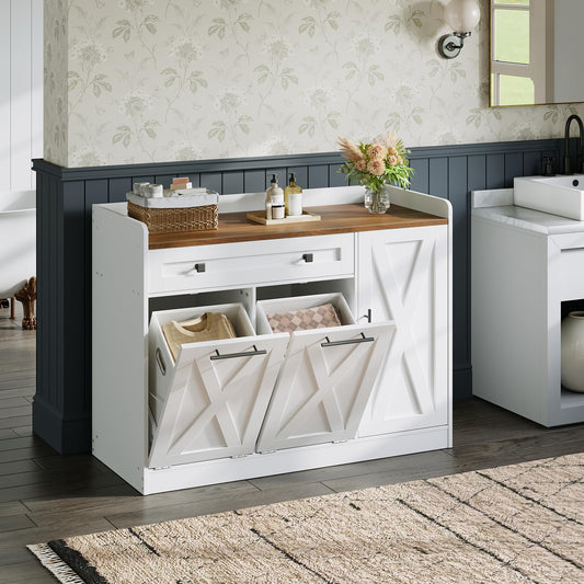 White storage cabinet with wooden top in a bathroom setting