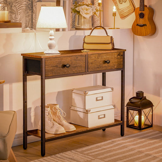 Console table with decorative items in a living room setting