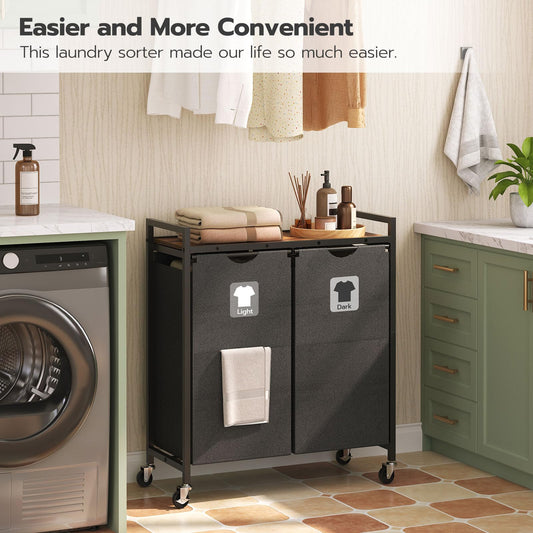 Laundry sorter in a laundry room with text 'Easier and More Convenient' and 'This laundry sorter made our life so much easier.'.