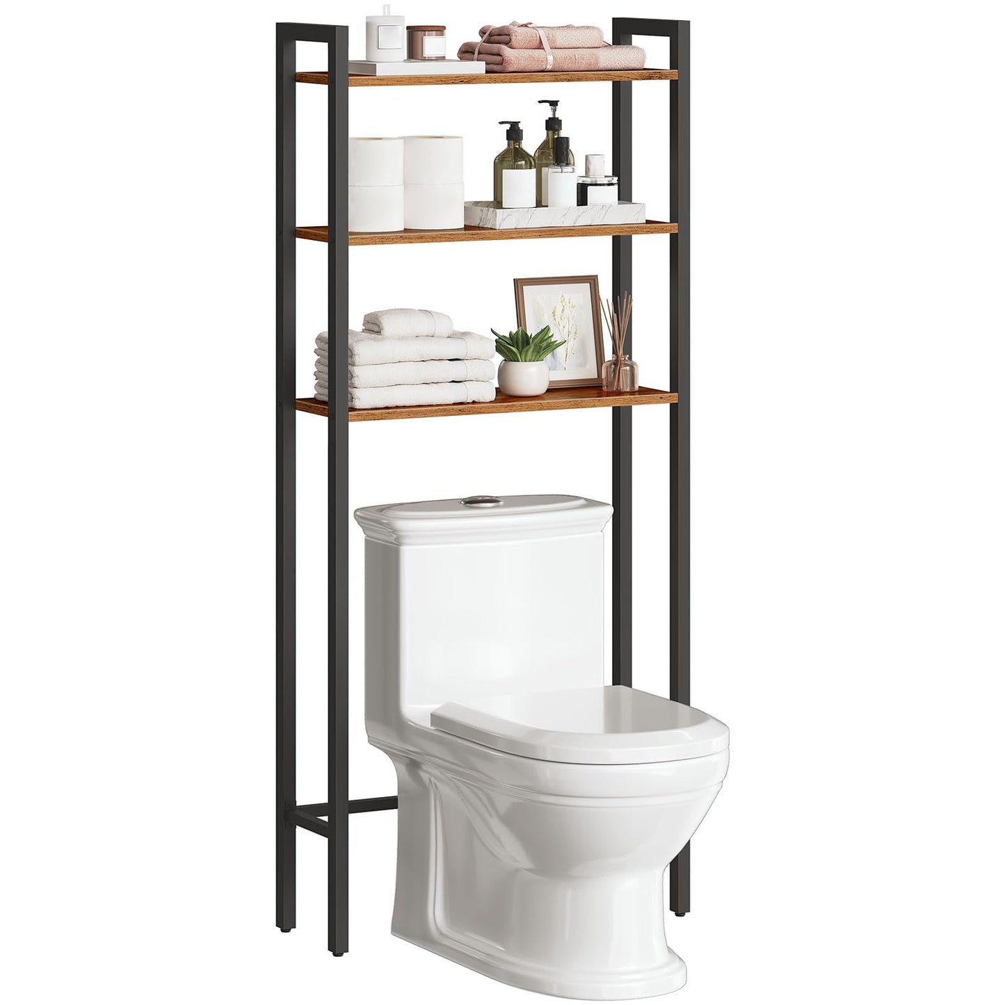 Bathroom setup with a toilet and a freestanding shelf unit.