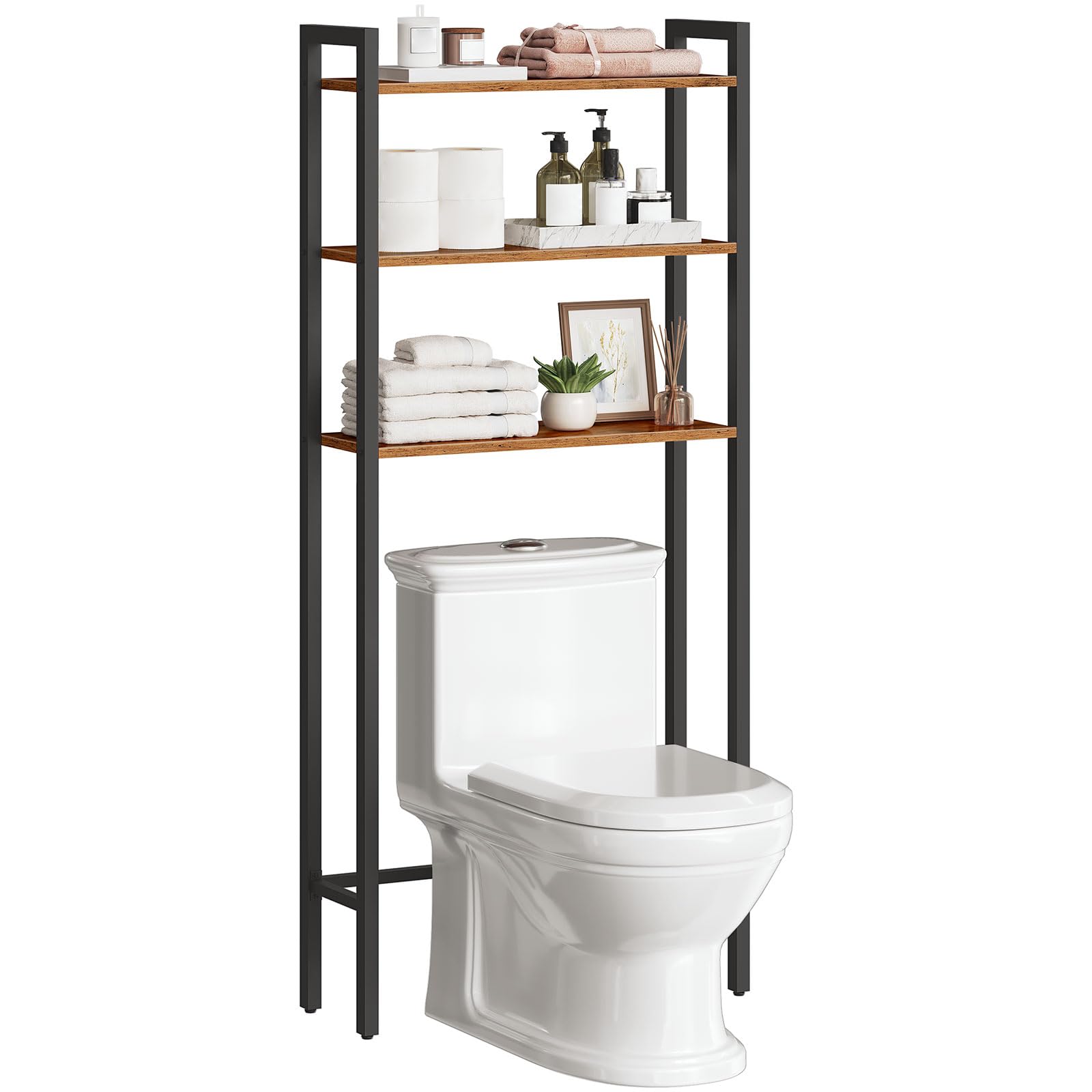 Bathroom setup with a toilet and a freestanding shelf unit.