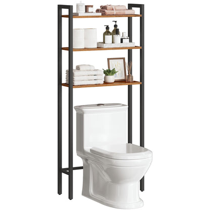 Bathroom setup with a toilet and a freestanding shelf unit.