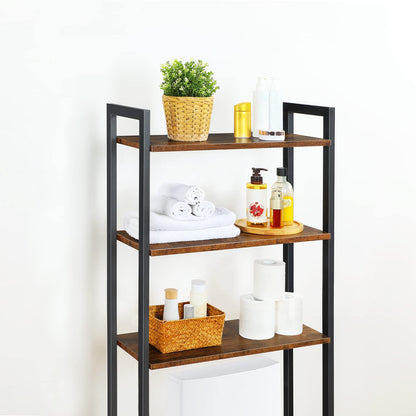 Three-tiered shelf with various items including a plant, towels, and bottles on a white background