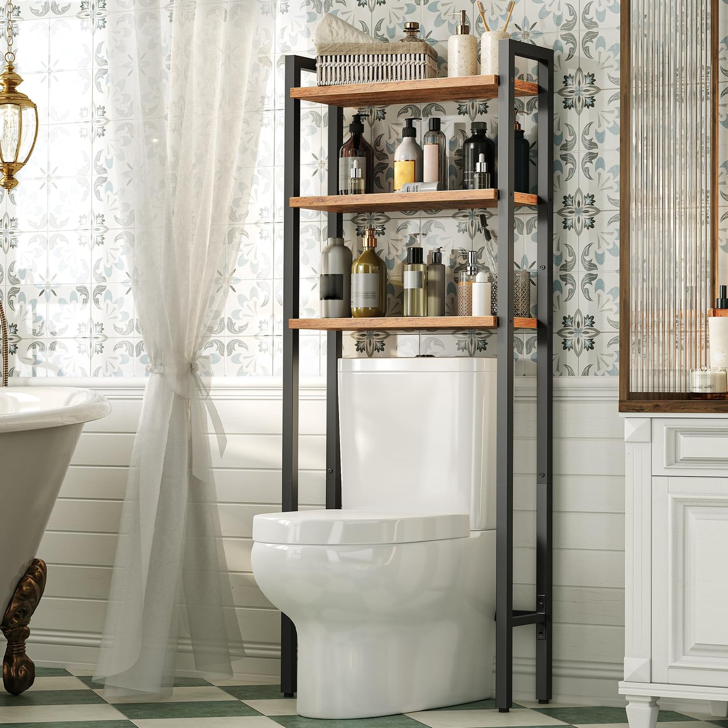 Bathroom with a toilet and over-the-toilet shelving unit with various bottles.