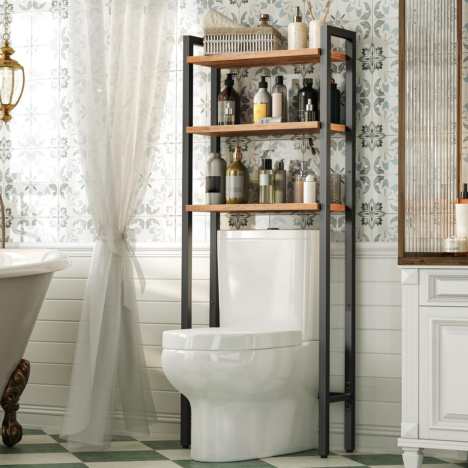 Bathroom with a toilet and over-the-toilet shelving unit with various bottles.