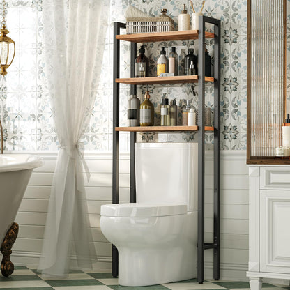 Bathroom with a toilet and over-the-toilet shelving unit with various bottles.