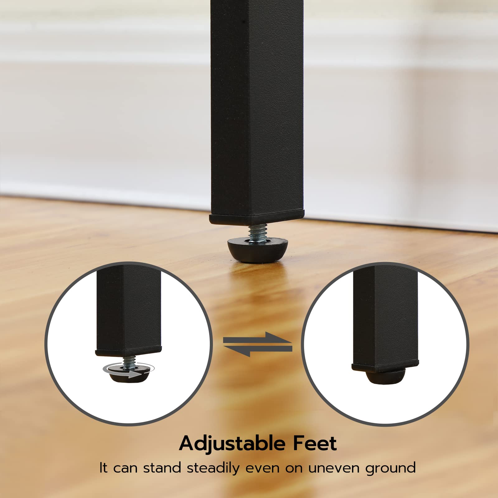 Adjustable feet on a piece of furniture with close-up insets showing their function.