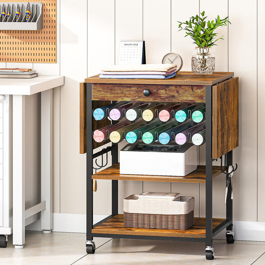 Wooden storage cart with wheels in a room setting