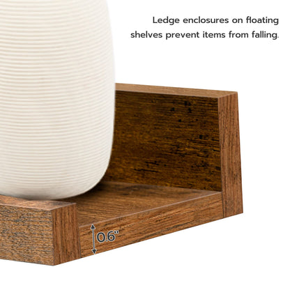 Wooden floating shelf with a white textured vase, showing ledge enclosure feature.