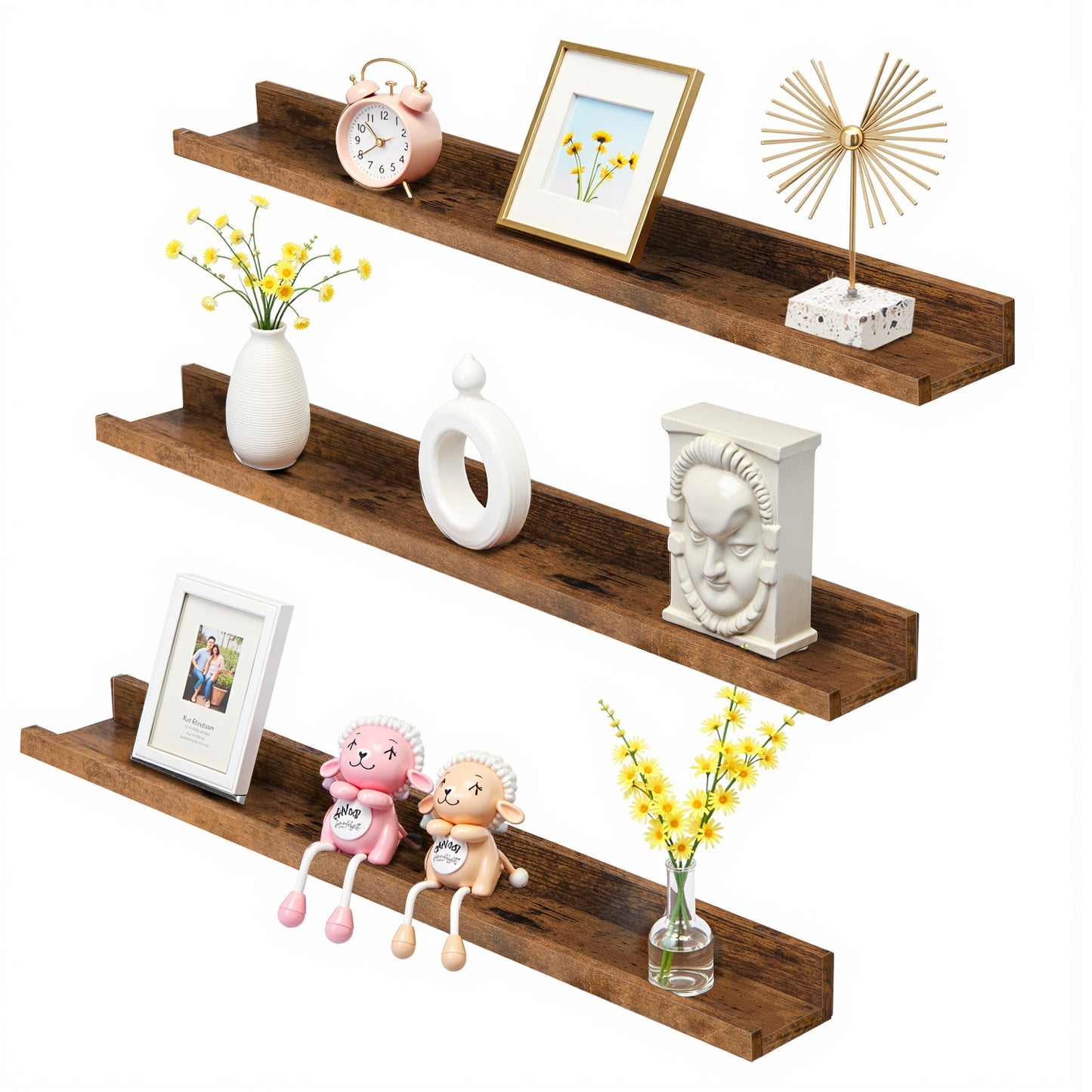 Wooden wall shelves with decorative items on a white background