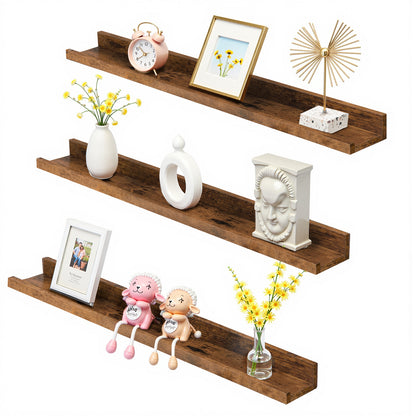 Wooden wall shelves with decorative items on a white background